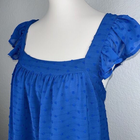 Kori Los Angeles Women's Square Neck Blue Top Puff Sleeve Swiss Dot Texture M - Picture 2 of 8